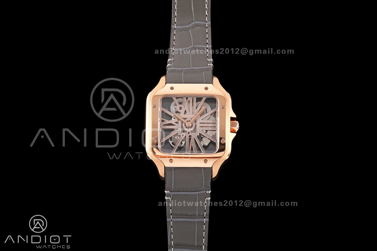 Santos Skeleton RG RICH 1:1 Best Edition Skeleton Dial on Gray Leather Strap 9611MC Super Clone V2